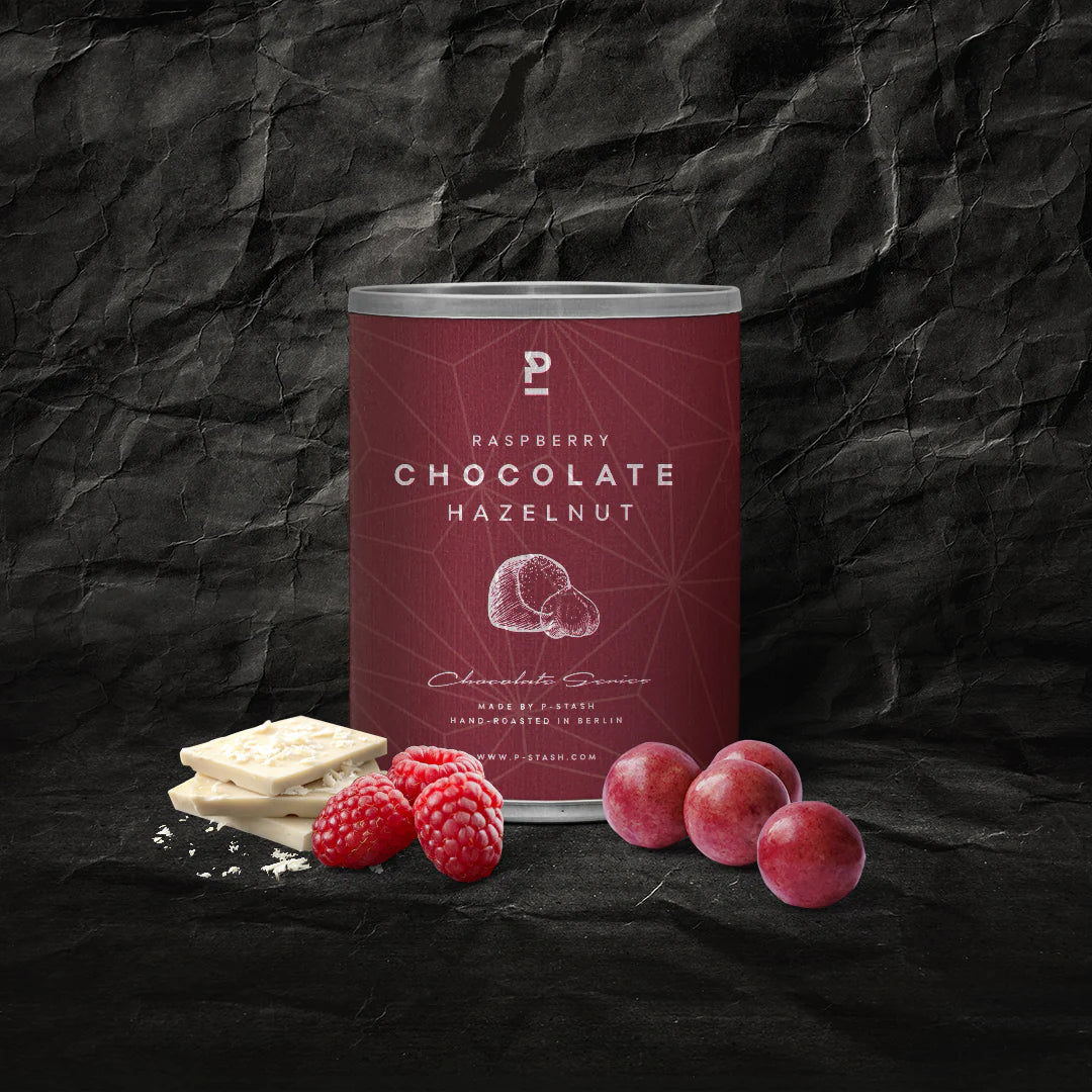 Produktbild Raspberry Chocolate Hazelnuts von P-Stash in roter Dose
