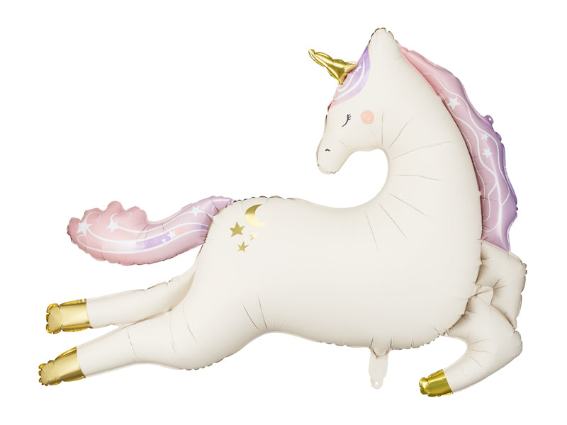 Folienballon Einhorn von PartyDeco in Creme mit goldfarbenem Horn und pastellfarbener Mähne