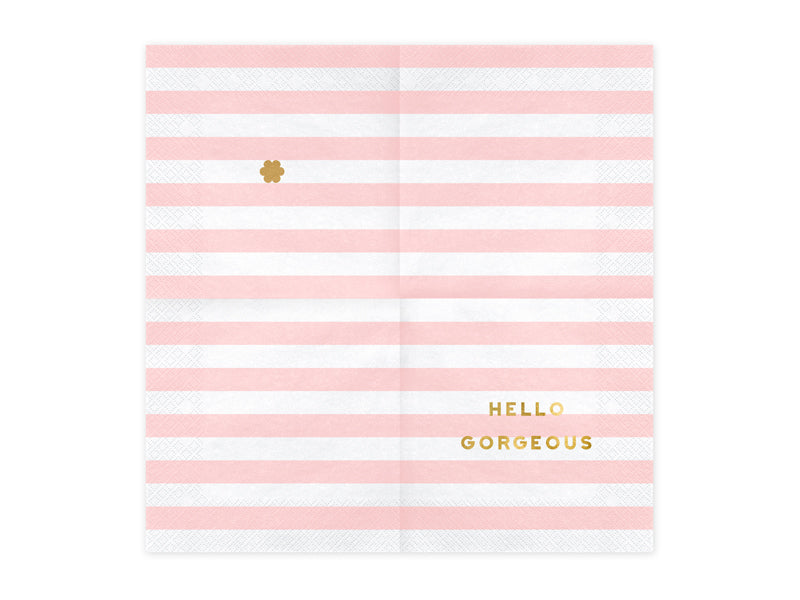 Gefaltete Hello Gorgeous Servietten in Rosa und Weiß für Geburtstag oder Baby Shower