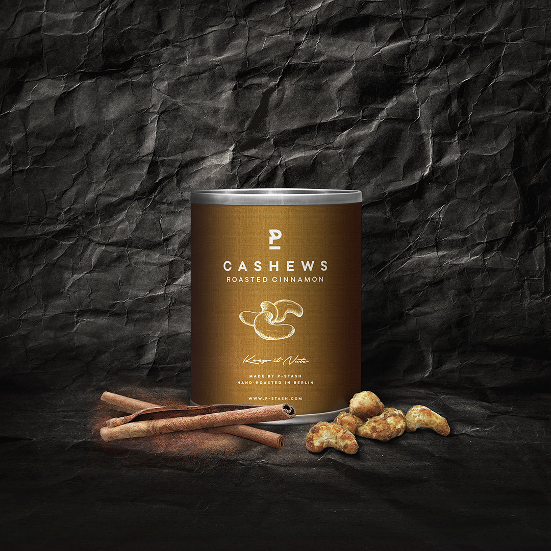 Produktbild P-Stash Cashews Roasted Cinnamon in goldener Verpackung.